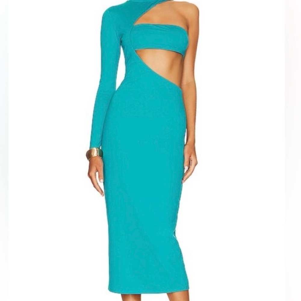 NBD Turquoise One-Shoulder Cutout Midi Dress